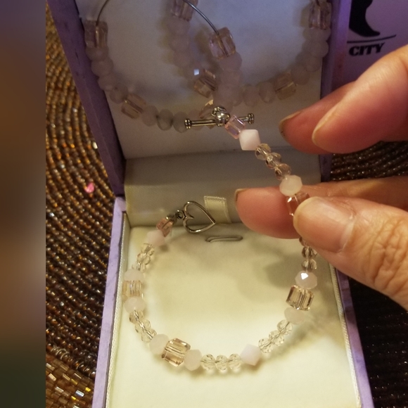 Swarovski Crystal Hand-Made Pink Earring Hoops/ Bracelet Sterling Set - Picture 4 of 9